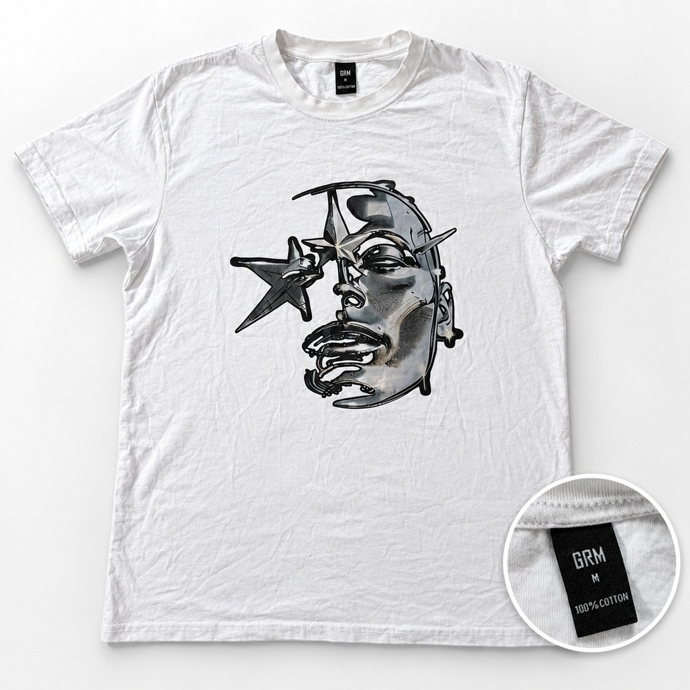 GRM Graphic T-Shirt Mens Medium Chrome Face Stars White 100% Cotton Short Sleeve